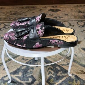 Sam Edelman Paris Floral Brocade Tassel Mule Loafers Black Pink 7